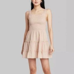 Wild Fable Smocked Tiered Mini Dress Size Medium Beige Tan
